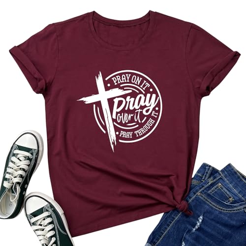 LOOKFACE Womens Pray Graphic Tees Cute Tops - color: Wine Red, size: Large