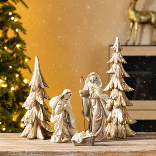 Glitzhome 5-Piece Gold Resin Nativity Set - Holy Family (Mary, Joseph, Baby Jesus) with Christmas Trees, Hand-Painted Nativity Figurines Sets for Christmas Indoor Mantels, Tabletops Decorations - color: Gold