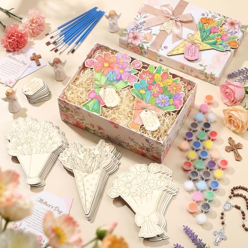 Hollowfly 24 Sets Religious Mother's Day Crafts Color Your Own Wooden Flower Cards Sign with Paint Pots & Brushes DIY Mother's Day Christian Gift for Church Sunday School Classroom Activities