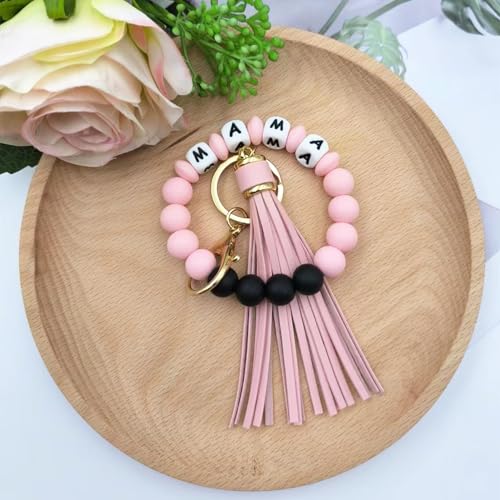 SHINYHARBOR Silicone Beaded Wristlet Keychain Bracelet,Key Wrist Keychains for Women Mom Teachers Best Friend - color: Mama-pink