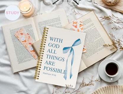 Blue Bible Journal for Women, A5 Spiral Christian Notebook & Study Supplies, Cute Hardcover Coquette Bow Diary with Scripture Matthew 19:26 for Church Notes, Prayer & Teen Girls.5.5 x 8.3 Inch - color: (Blue) Matthew 19:26