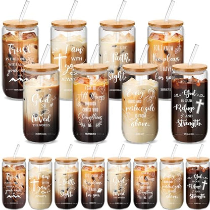 Skylety 32 Sets Christian Glass Cups for Women with Lids Straws Brushes