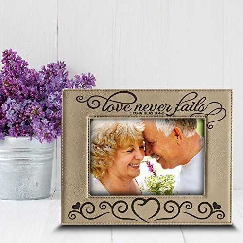BELLA BUSTA - " Love Never Fails - 1 Corinthians 13:4-8 (Bible Verse) Engraved Leather Picture Frame (4"x 6" Horizontal) - size: 4"x 6" Horizontal
