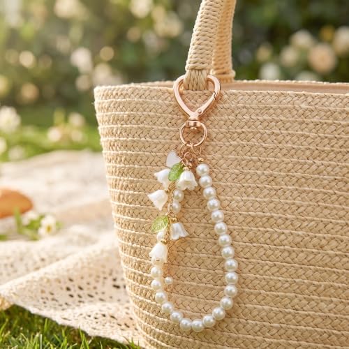 Cute Bag Charms Keychain - Pearl Keyring Wristlet Birthday Gifts - color: Green Lily of the Valley