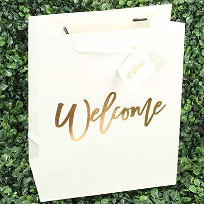 Andaz Press Large White Gold Foil Stamped Welcome Bags for Guests, Bulk Set of 25 Hotel Guests Gift Bags, Church, Destination Wedding, Includes White Tissue Paper and Wedding Welcome Bag Notes