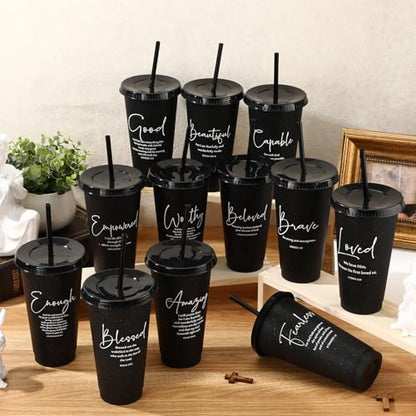 Engrowtic 12 Set Christian Tumblers with Lid Straw 24 oz, Black - color: Black