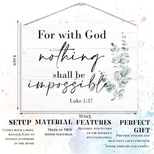 Christian Wall Decor, Rustic Wood Hanging Sign, Bible Verse Home Decors, Motivational Office Decor, Inspirational Christmas Gift, Scripture Luke 1:39 Sign - For With God Nothing Shall Be Impossible - color: 4