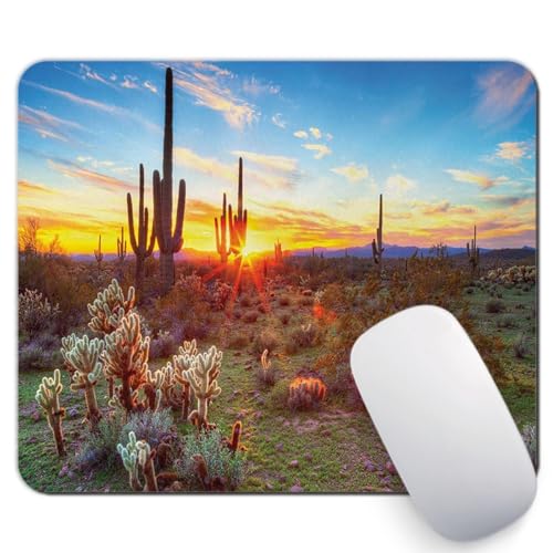 Saguaro Mouse Pad, Sun is Setting Between Saguaros Wildflowers in The Sonoran Desert Scene Picture, Standard Size Rectangle Non-Slip Rubber Mousepad, Multicolor - color: A