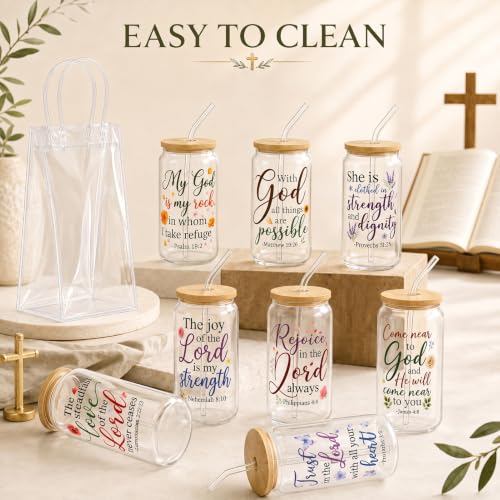 Iced Coffee Mugs, 8 Sets, Glass, 16 oz, Reusable, Floral Bible - color: Bible Verse