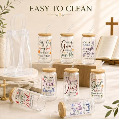 Iced Coffee Mugs, 8 Sets, Glass, 16 oz, Reusable, Floral Bible - color: Bible Verse