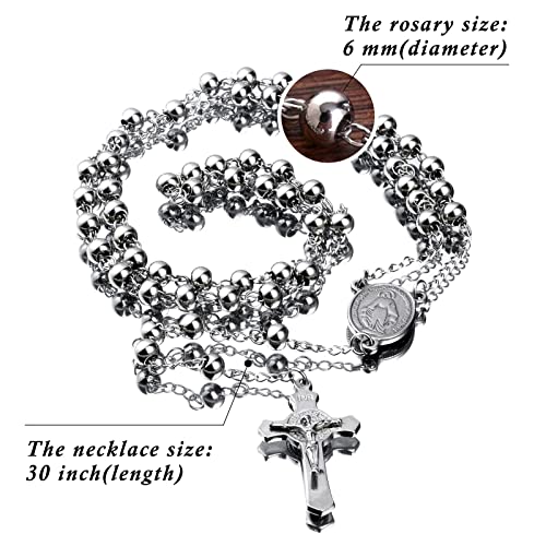 30" Stainless Steel Rosary Beads Necklace 6mm Silver Color with Jesus Christ Crucifix Cross Daily Prayer Baptism Confirmation Christmas Gift