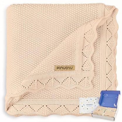 100% Cotton Knitted Baby Blanket, Neutral Cream, 40"x31" - color: Cream