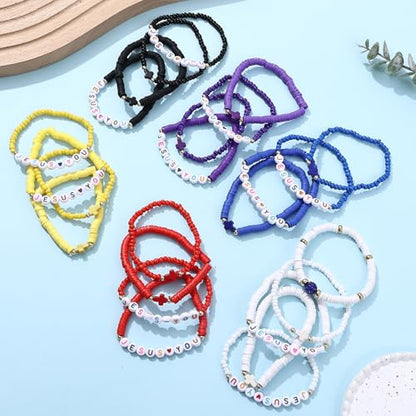 24Pcs Jesus Loves You Bracelets Bulk Handmade Clay Beads Bible Verse Bracelets Christian Friendship Jewelry Christmas Easter Gifts for Women Teen - color: Jesus 24-3