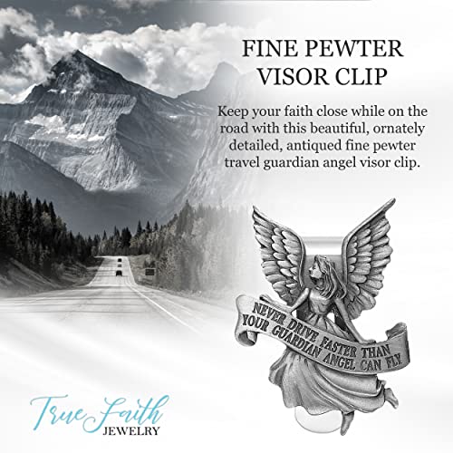 True Faith Jewelry Pewter Never Drive Faster Than Your Guardian Angel Can Fly Visor Clip, Driver Gift for Car, Travel Safely, Fine Pewter, 2-1/8 x 1-3/4 Inch - size: Travel Cross 3