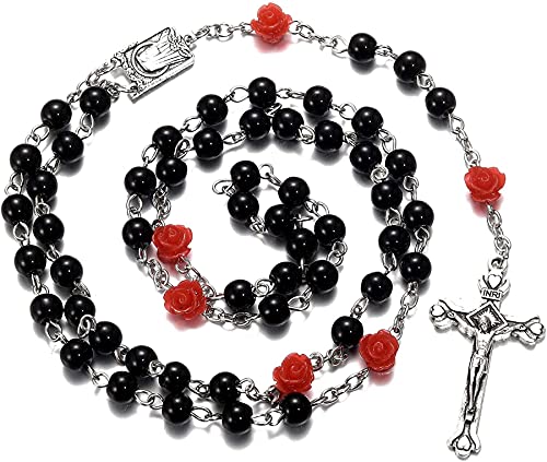SZQCZB Rosary Beads Catholic Necklace Holy Soil Medal Cross Crucifix with Metal Box and 18pcs Prayer Cards - color: Black