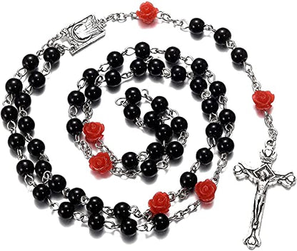 SZQCZB Rosary Beads Catholic Necklace Holy Soil Medal Cross Crucifix with Metal Box and 18pcs Prayer Cards - color: Black