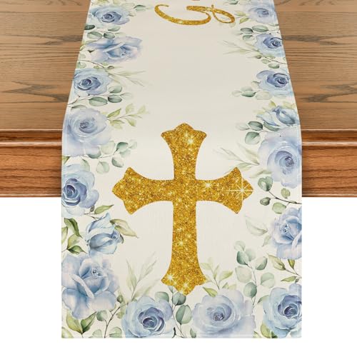 Artoid Mode Blue God Bless Boy Baptism Baby Shower Table Runner, First Holy Communion Christening Holiday Kitchen Dining Table Decoration for Home Party Decor 13x36 Inch - color: Blue, size: 13" x 36", Table Runner