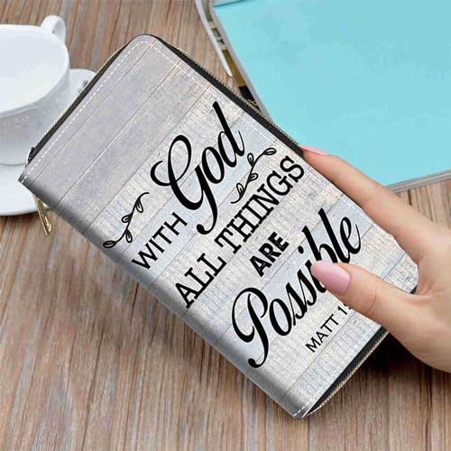 Quote Bible Verse Matthew 19:26 Print Wallet for Women Large Capacity Wallet Credit Card Holder PU Leather Zipper Clutch Purse Phone Wallet - color: Quote Bible Verse Matthew 19:26
