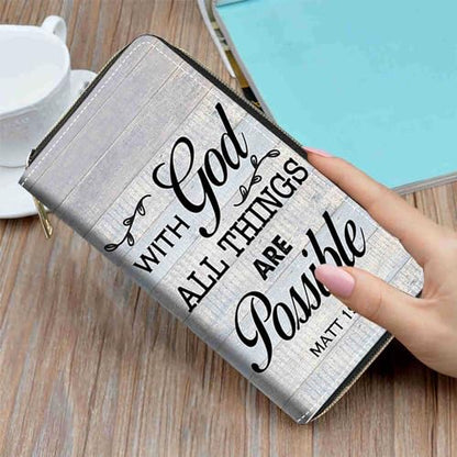 Quote Bible Verse Matthew 19:26 Print Wallet for Women Large Capacity Wallet Credit Card Holder PU Leather Zipper Clutch Purse Phone Wallet - color: Quote Bible Verse Matthew 19:26