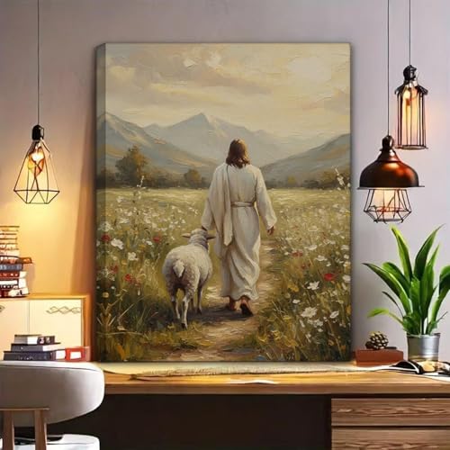 Jesus Leaves The 99 Sheep Canvas Wall Art Jesus and Lamb Posters Prints - size: 18"L x 12"W