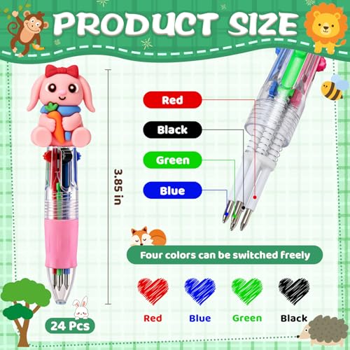 24 Pcs Animal Pens Multicolor Pen in One 4-in-1 Cute Pens Bulk for Kids,Ballpoint Pen with Fun Animals Shapes for Birthday Party, Classroom Prize,School Supplies - color: Animal
