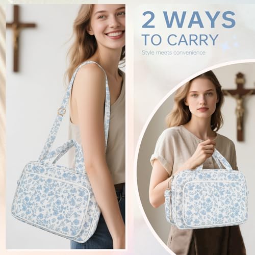 Bible Cover Case for Women Bible Study Supplies Church Camp Essentials Christian Gifts for Women Journaling Kit Quilted Large Bible Book Sleeve (Blue Flower, Large) - color: Blue Flower
