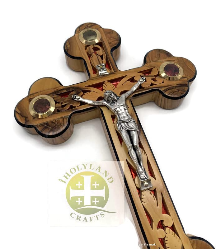 Catholic Crucifix for Wall With Mother of Pearl, Olive Wood Cross Wall Decor, 9 Inch Wooden Crucifix with Relics from the Holy Land, Wedding Crucifix, Decorative Wooden Crosses, christian cross gift