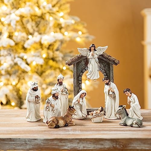Glitzhome Nativity Sets Ivory 11Pcs Resin Nativity Figurines Sets for Christmas Indoor, Removable Angel Holy Family Statues Christian Nativity Tabletop Scenes Ornaments Church Decor 8" x 20.75" - size: 20.75 x 8 Inches-Ivory