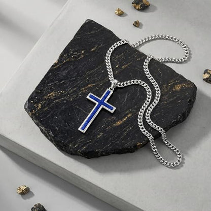 MRENITE Silver Natural Stone Cross Necklace, Classic Latin Cross Pendant Necklace for Unisex Women Man, Vintage Crystal Quartz Cross Necklace with 20+2 Inches Adjustable Cuban Chain - style: Lapis