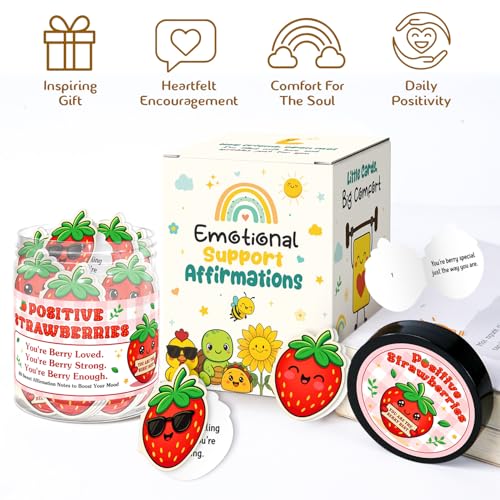 Emotional Support Strawberries – Strawberry Gifts For Women, Girls - 60 Positive Strawberry Daily Affirmation Cards Jar – Inspirational Gifts for Women, Coworker – Birthday, Thank You Gift for Besties - color: Emotional Support Strawberries
