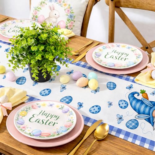 HOMETITUTE Blue Easter Gnome Table Runner Bunny Decor 13x72 Inch Burlap