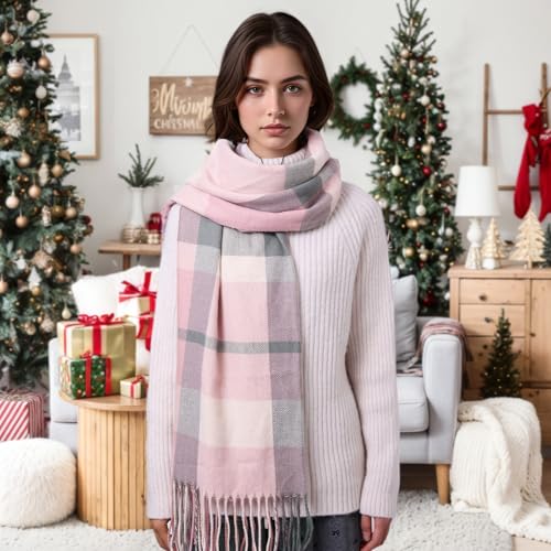 Clothirily Womens Winter Scarf, Oversized Long Blanket Plaid Shawl Wrap - color: Pink Grey Lattice