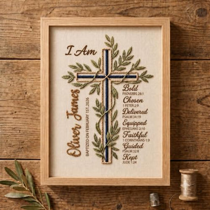 NAZENTI Custom Hand Embroidery Wooden Frame Sign Baptism Gift for Boy, Personalized Embroidered Floral Sign with Name - color: DS05