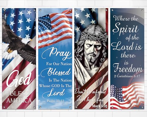 4Pcs Independence Day Church Banners for Sanctuary Wall 250 Anniversary USA 4th of July Religious Hanging Backdrop Church Banner with Scripture Worship Bible Verses for Patriotic Holiday Decor - style: Independence Day