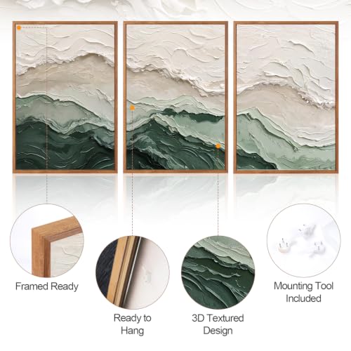 Aurlan 3D Textured Green Abstrcat Ocean Framed Canvas Wall Art 24x36 Inch - color: Green Beige (3D Textured), size: 24"L x 36"W