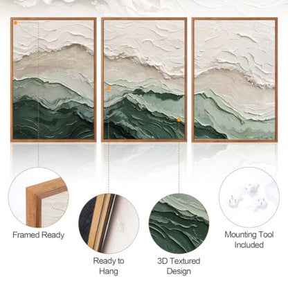 Aurlan 3D Textured Green Abstrcat Ocean Framed Canvas Wall Art 24x36 Inch - color: Green Beige (3D Textured), size: 24"L x 36"W