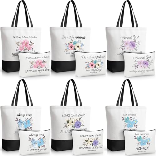Aliceset 12 Pcs Christian Religious Gift for Women Bulk Included Bible Verse Canvas Tote Bag with Cosmetic Bag for Her Women Sister Mom Wife Birthday Mothers Day(Classic) - style: Classic