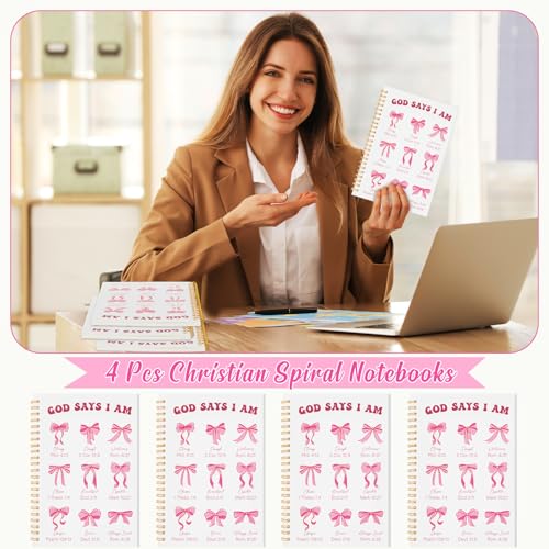 Resurhang 4 Pcs Christian Spiral Notebooks for Women Bible Verse Prayer Journal, Pink Coquette Bows Notebook Gifts, Religious Inspirational Notepads for Church Bible Study Supplies Mother's Day - color: Bow