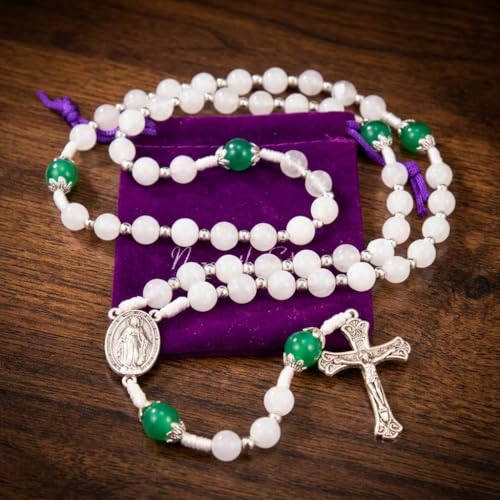 Nazareth Store 8mm White Jade & 10mm Natural Stone Beads Rosary Necklace St. Miraculous Medal & Cross Crucifix Catholic Prayer Beads Religious Jewelry - color: Green Jade