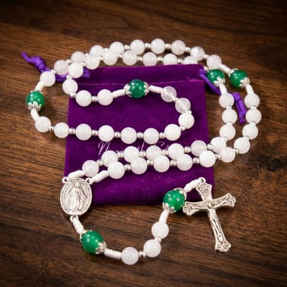 Nazareth Store 8mm White Jade & 10mm Natural Stone Beads Rosary Necklace St. Miraculous Medal & Cross Crucifix Catholic Prayer Beads Religious Jewelry - color: Green Jade