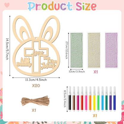 BeYumi Easter Wooden Ornament Craft - 20Pcs NO BUNNY LOVE YOU LIKE A JESUS DIY Wooden Easter Ornaments Craft Kit for Kids Make Your Own Christian Religious Bunny with Gem Sticker Church Party Supplies - style: Bunny