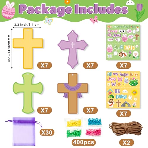 BeYumi Easter Cross Necklace Craft - 28Pcs Easter Religious Cross Necklace Craft Kit for Kids DIY He is Risen Sticker and Beads Christian Decor Sunday School Classroom Party Activities - style: Easter