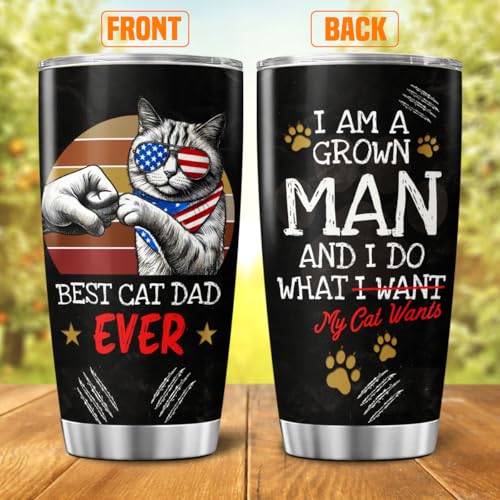 Funny Cat Dad Gift Tumbler for Men with American Sunglasses, Patriotic Fist Bump Design, 20oz Stainless Steel Insulated Travel Mug for Father's Day, Birthday, Cat Lovers - color: Cat Dad G5