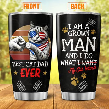 Funny Cat Dad Gift Tumbler for Men with American Sunglasses, Patriotic Fist Bump Design, 20oz Stainless Steel Insulated Travel Mug for Father's Day, Birthday, Cat Lovers - color: Cat Dad G5