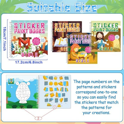4PCS Bible Sticker Books Paint by Number Activity Book Bulk Christian Religious Sunday Crafts Nativity Puzzle Gift Church Set for Easter Christmas Party Favor with Jesus Cross 32 Pictures - style: Bible