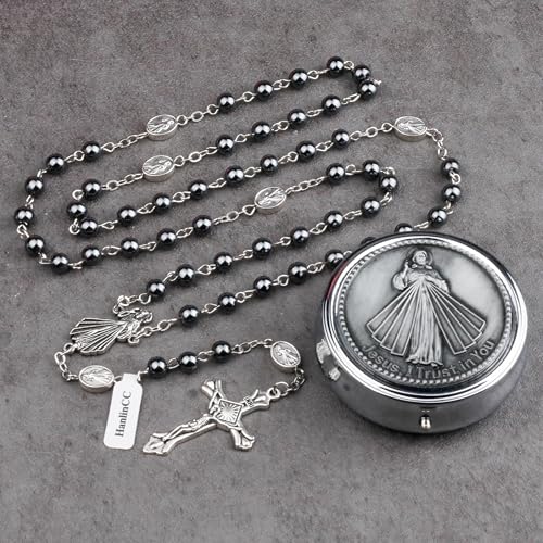 HanlinCC Divine Mercy Catholic Rosary Necklace with Steel Gift Box - color: Hematite Divine Mercy