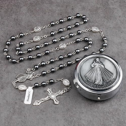 HanlinCC Divine Mercy Catholic Rosary Necklace with Steel Gift Box - color: Hematite Divine Mercy