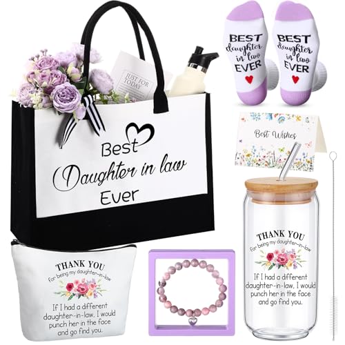 Pickmesh 7 Pack Daughter-in-law Gift for Birthday, Thank You Gift for Best Daughter in Law Ever, Canvas Tote Bag, Makeup Bag, 16 oz Glass Cup, Socks, Greeting Card Natural Stone Bracelet with Box - style: Daughter in Law