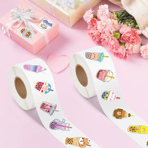 BeYumi Bubble Tea Sticker Roll - 1000Pcs Boba Stickers in 2 Rolls Waterproof Vinyl Drinks Theme Cute Kawaii Bubble Tea Decals Gift Laptop Bottle Scrapbooking Luggage Computer Envelope Decor for Kids - style: Bubble Tea