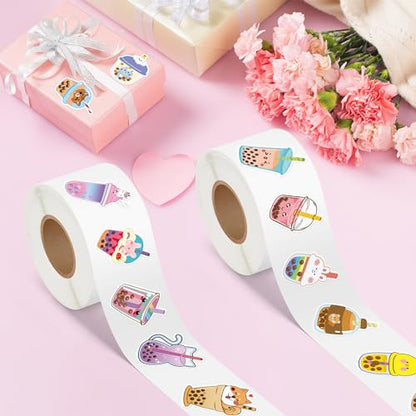 BeYumi Bubble Tea Sticker Roll - 1000Pcs Boba Stickers in 2 Rolls Waterproof Vinyl Drinks Theme Cute Kawaii Bubble Tea Decals Gift Laptop Bottle Scrapbooking Luggage Computer Envelope Decor for Kids - style: Bubble Tea